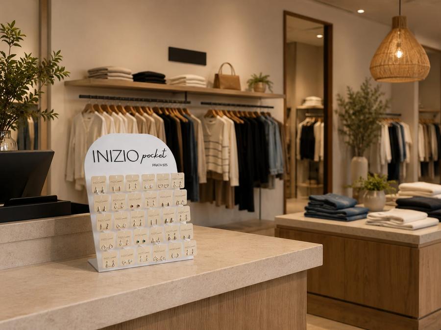 Mostruário Inizio Pocket no caixa de uma loja de roupas